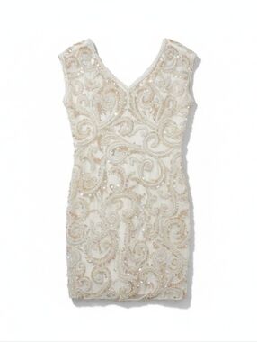 Vintage 80s Niteline 10 Cream White Fully Beaded Dress Silk Glam Bridal Formal
